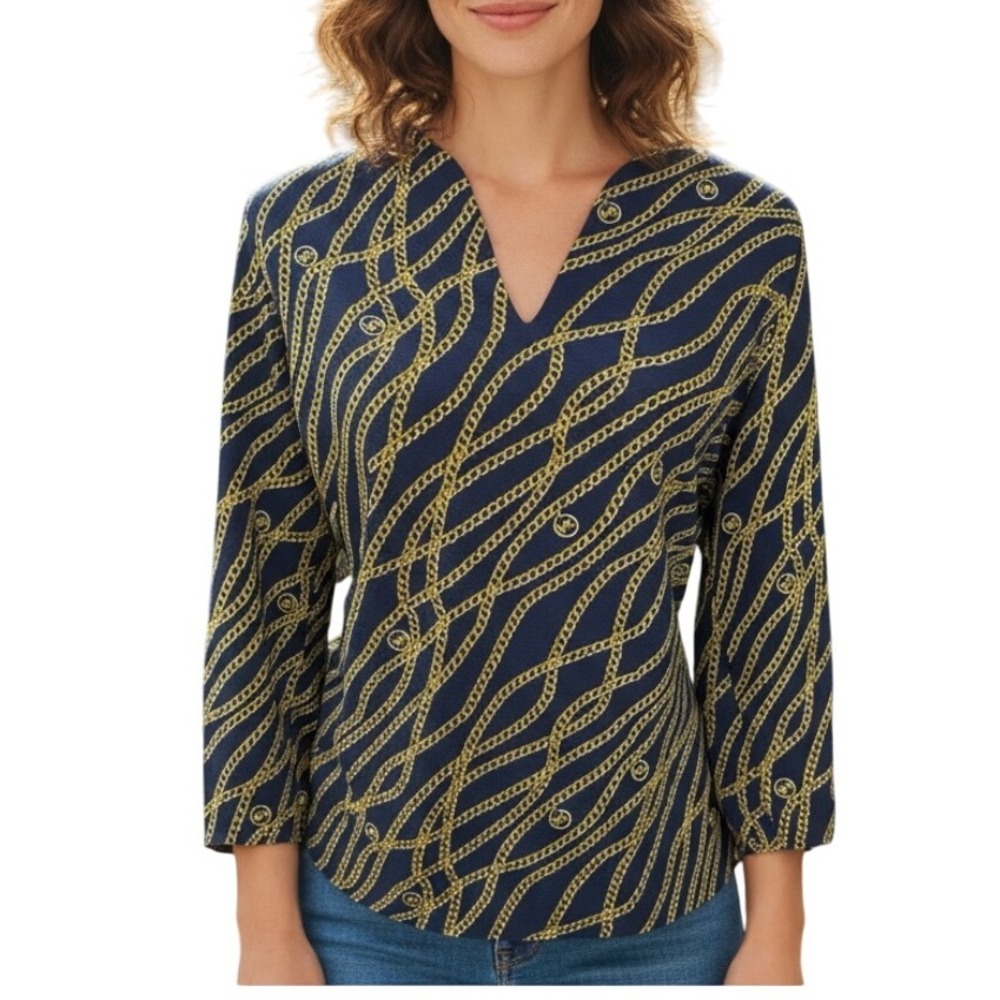 Vintage MICHAEL KORS Navy Gold Chain Logo Blouse Long‎ Sleeve Women's M Designer